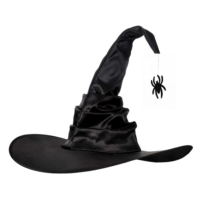 Hot Sell Halloween Party Witches Hat Hanging With Spider Bat Halloween Wrinkle Witch Hat Costume Accessory