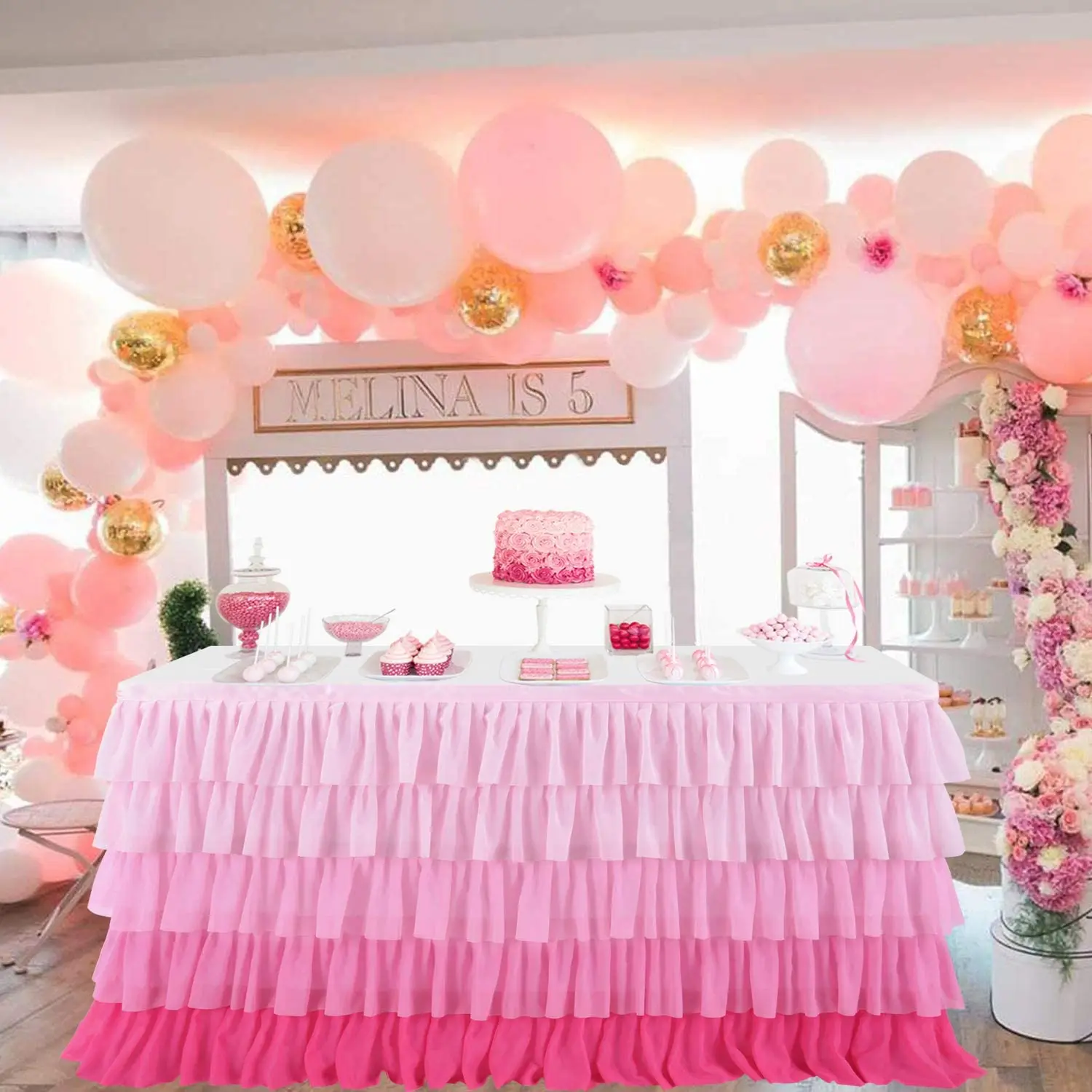 6ft Pink Tutu Table Skirt for Rectangle Round Tables Chiffon Table Cloth for 1st Birthday Party Decorations Baby Shower
