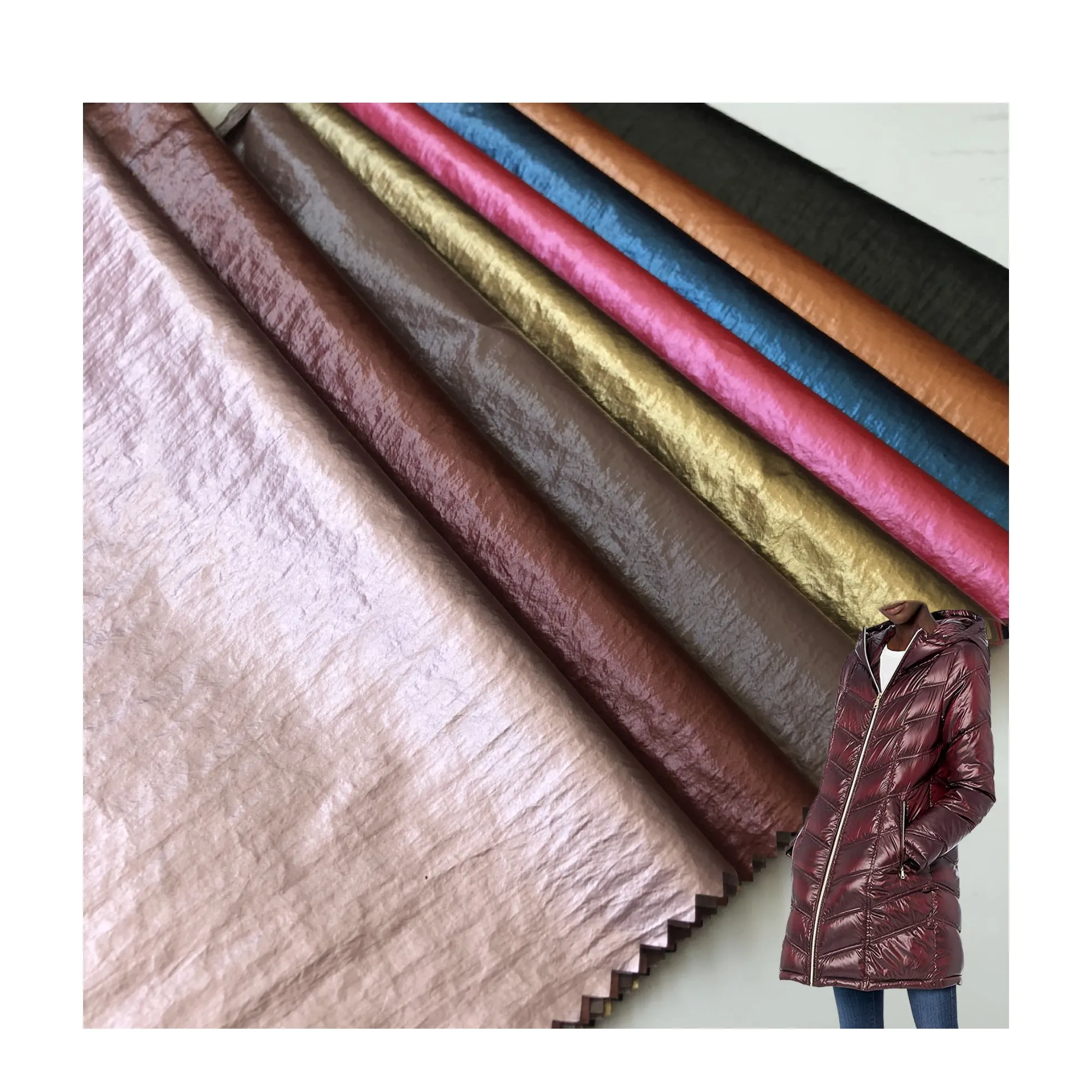 Metallic down coat fabric high quality crinkle nylon taffeta