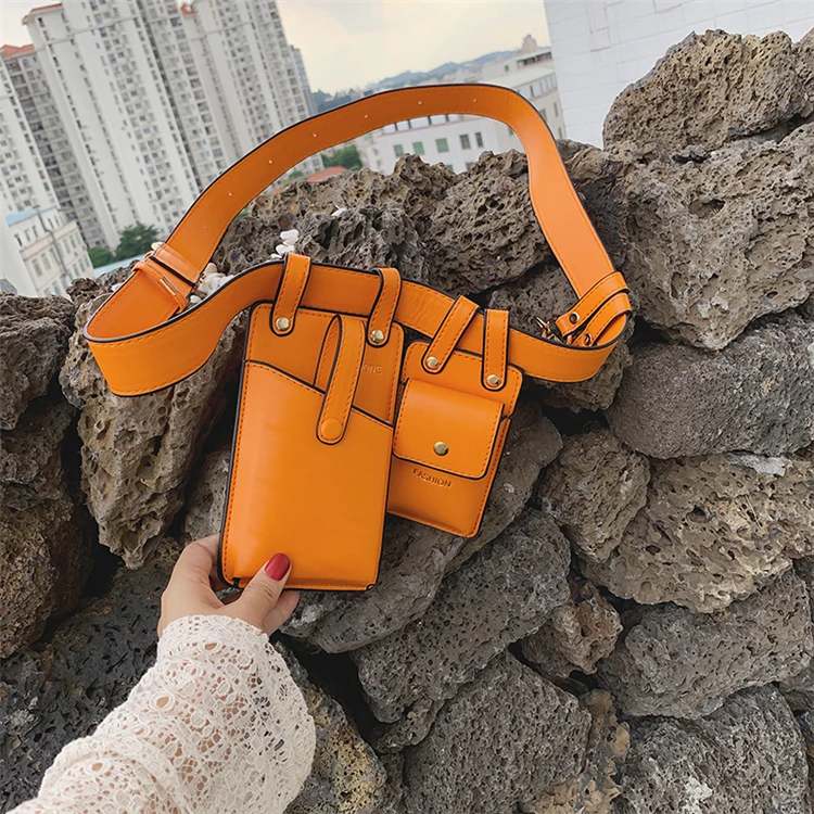 
women hip hop belt bag pu leather waist bag two bags fanny pack 