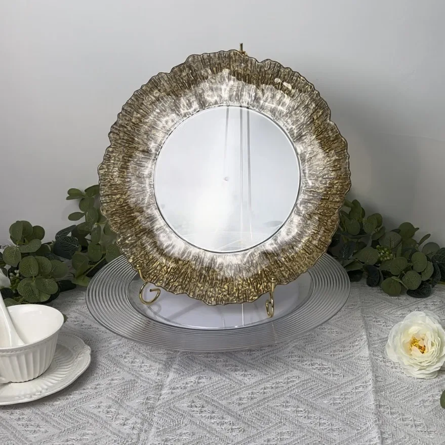 2023 New Design Plastic Material Clear Charger Plates Silver Patterned Trim Gold Rim Charger Plates For Wedding Party