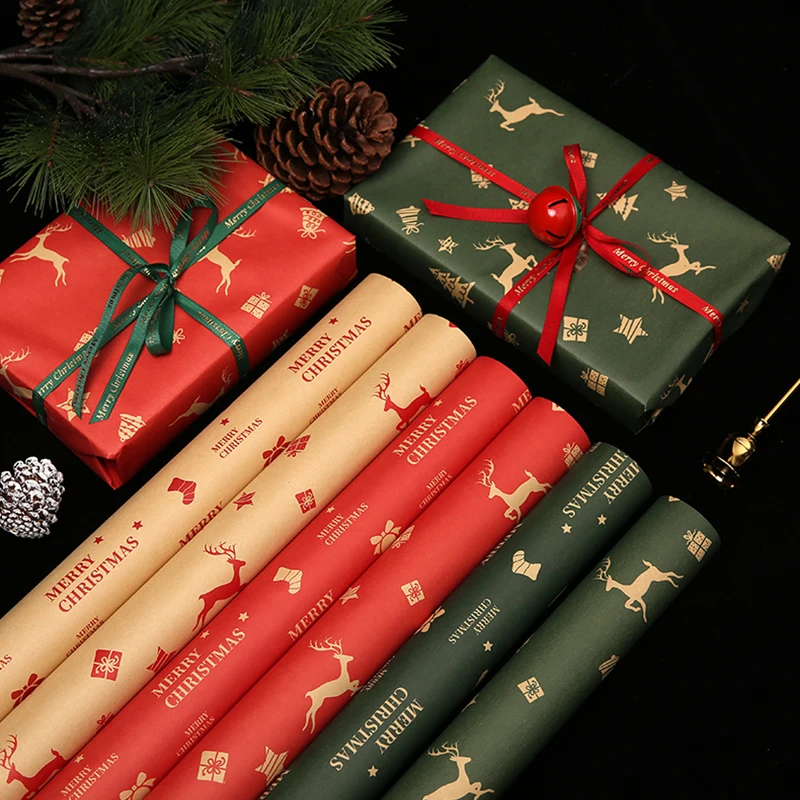 Wholesale Packing Paper Christmas Design Factory Stock Christmas Pattern Red Green Kraft Gift Wrapping Paper With Bell and Elk
