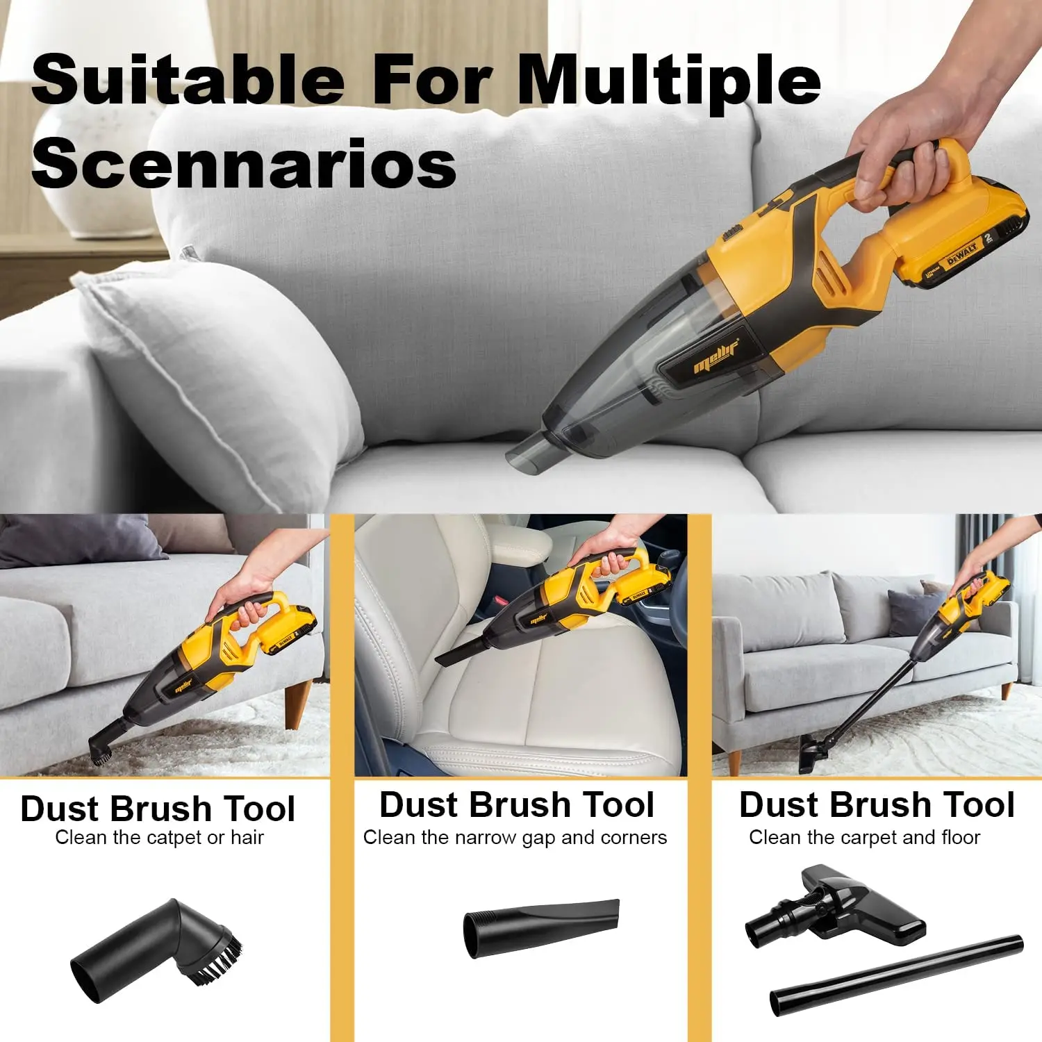 Mellif Handheld Vacuum Cleaner for Dewalt 18V/20V Max Lithium Battery Powered Cordless Vacuum Cleaner with 4 Heads Attachment