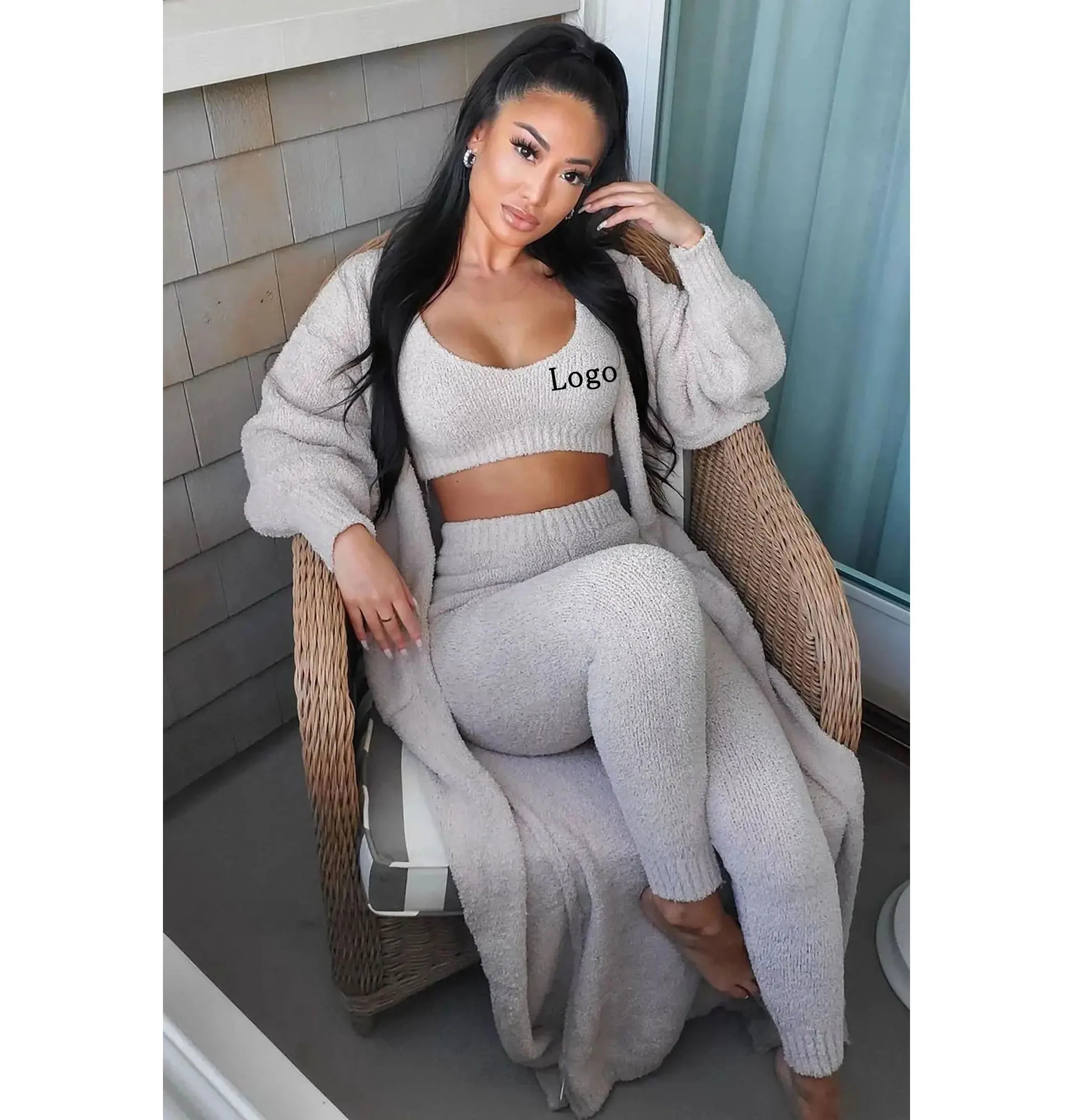 Winter Fluffy Sexy Women 3 Piece Sleepwear Lounge Set Cozy Knit Cardigan Crop Tank Tops Pants Soft Ladies Fuzzy Pajama Set