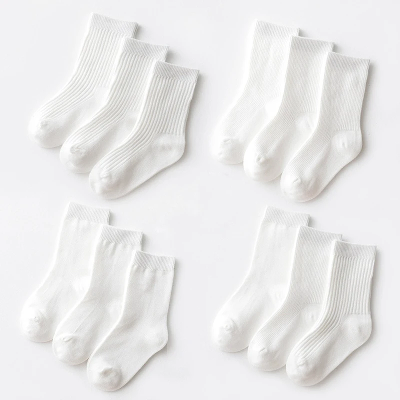  3 pairs a lot Student socks 98% cotton Double needle high quality school boys girls uniform white color for