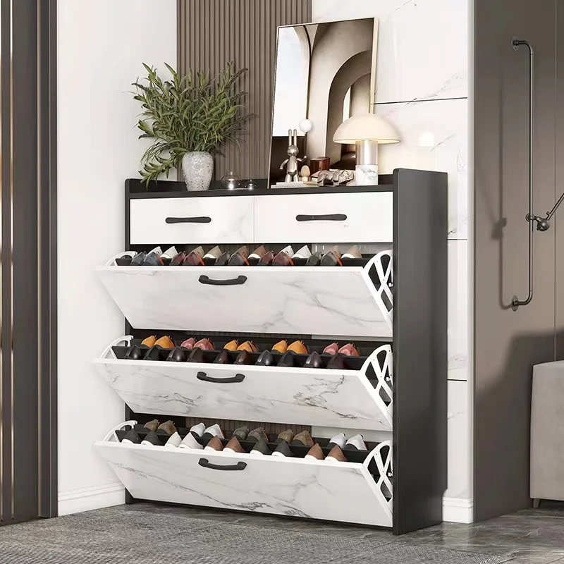 Modern White Marble 4 Tier Tipping Bucket Design Shoe Cabinet Wooden Shoe Rack With Storage Drawer