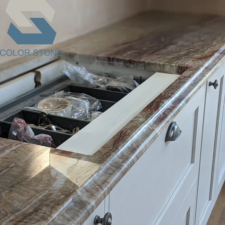 Natural Vintage Texture Stone Polished Green Gold Nacarado Quartzite Kitchen Worktop Countertop Waterfall Island