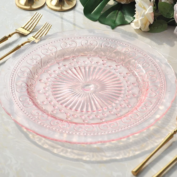 Custom 13 Inch Vintage Embossed Gray Glass Wedding Lace Charger Plates Wholesale