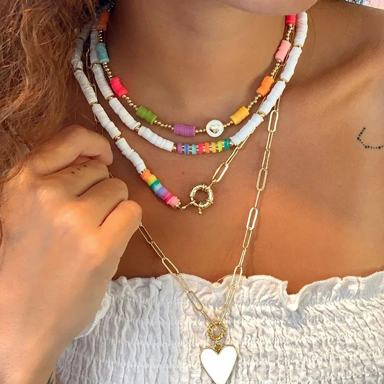 NM1235 Bolo Vintage Ethnic Colorful Polymer Clay Disc Bead and Tiny Gold Beads Boho Heart Pendant Necklace Femme Beach Necklace