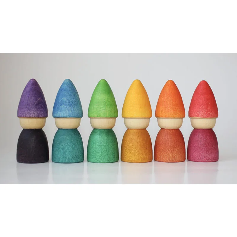 Montessori Toy For Kids Open-ended Block Play Rainbow Wooden Peg Dolls Colored Gnomes Figurines