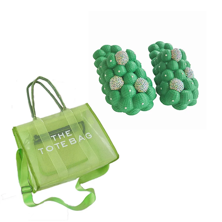 Tiktok Hot Women Massage Pink Bling Bubble Slides Rhinestone and Fashion Clear Jelly Tote Bag Set for Summer