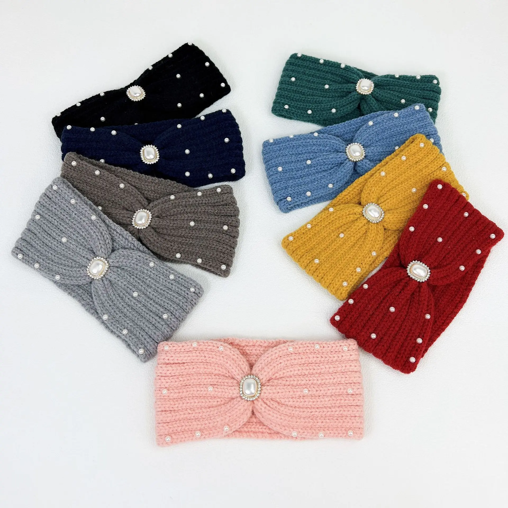 10 Colors Knitted Wool Headband Pearl Diamond Hair Band Turban Headwrap Hat Elastic Warm Headwear Ear Warmer Hair Accessories