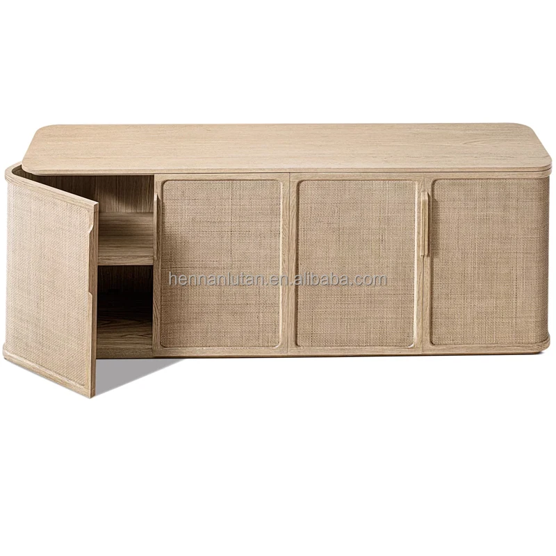 Modern American style living room wood media console French contemporary oak panel 4-door media console