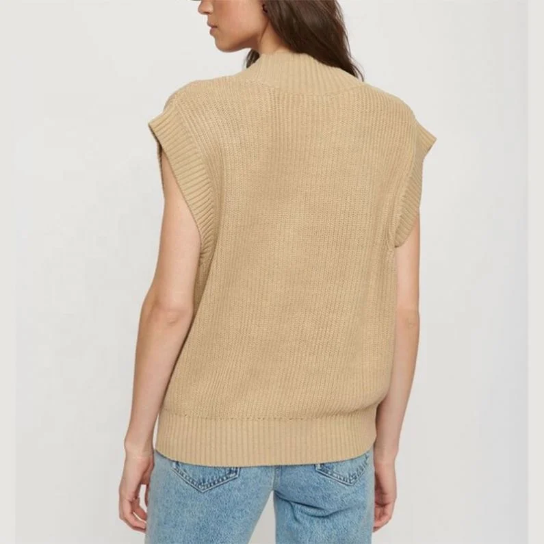 Wholesale 2023 Custom Logo Knit Oversized  Women Sweater Deep V Neck Sleeveless Plus Size Rib Vest 100% Cotton Knitwear Ladies