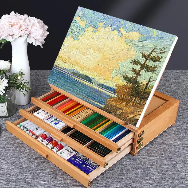XinyiArt Multi Function Solid Beech Wood Storage Box Easel Adjustable Artist Tabletop Sketch box Easel with 3-Drawer  for Artist