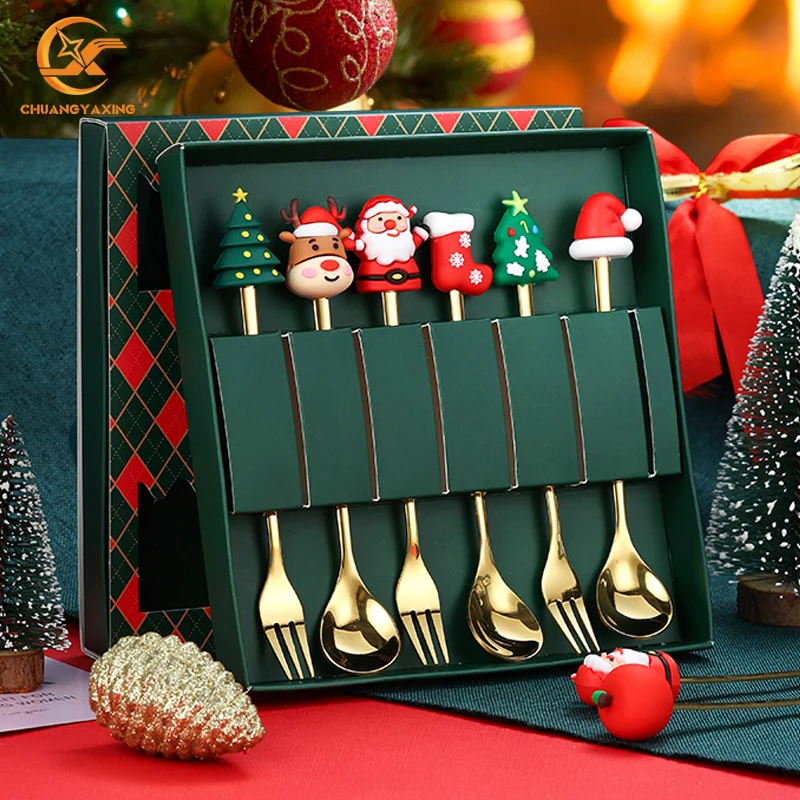 Golden Christmas Spoon Gift Set Cutlery Set Dessert Coffee Spoon 4pcs & 6pcs Christmas Spoon and Fork Set