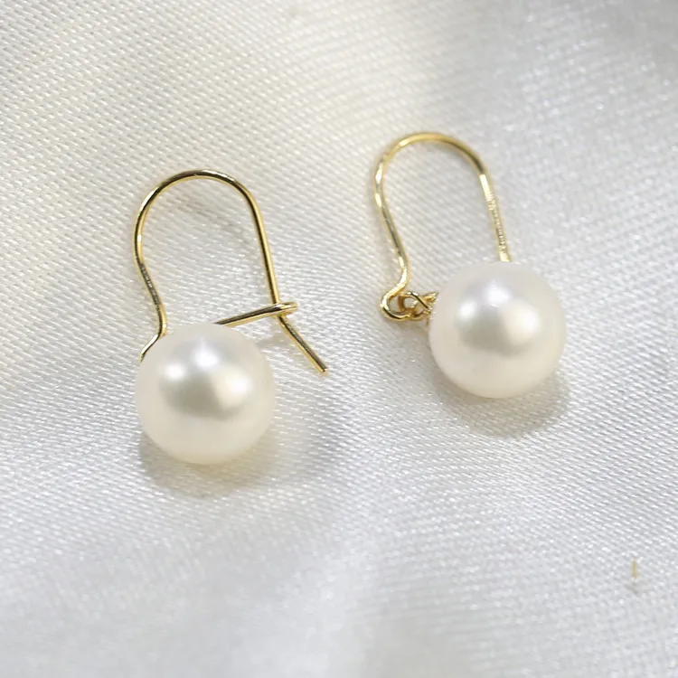 Korea Style Real Genuine 18K Gold Round Freshwater Cultured  Pearl Earrings Fashionable