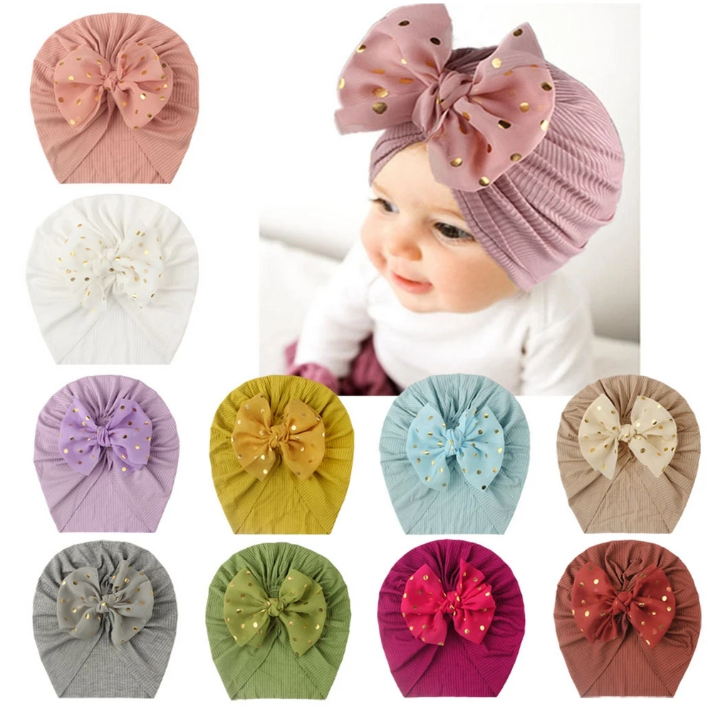 Wholesale Baby Ribbed Turban Big Shiny Bowknot Baby Headwraps Newborn Infant Chiffon Dot Knitted Beanies Toddler Kids Headwear