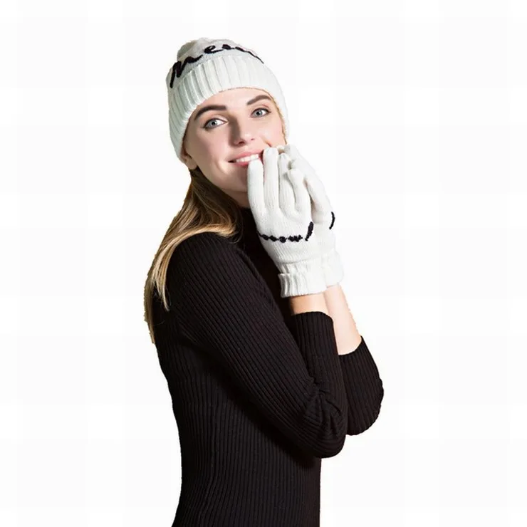 Custom style color  Knitted  winter beanie winter hats gloves sets for women