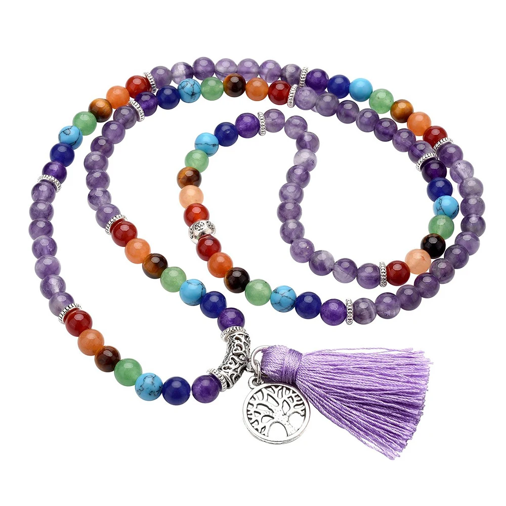 Natural 7 Chakra Healing Mala Prayer Beads 108 Beaded Tassels Wrapped Stone Bead Stretch Bracelet Necklace Jewelry
