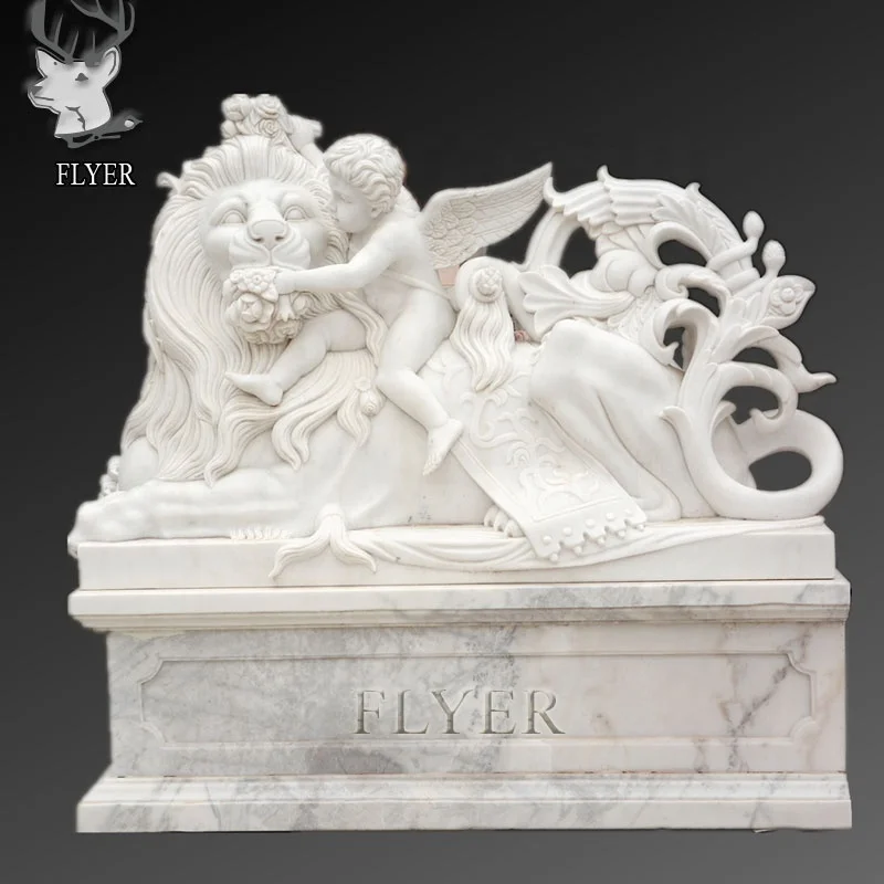 Garden European Style Hand Carved Durable Stone Carving Angel and Lion with Rose Sculpture Cherub and Lion Marble Statue