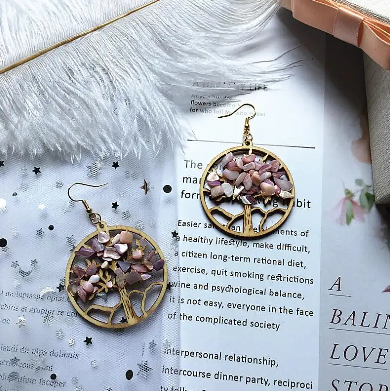 
wholesale vintage wood earrings jewelry fashion wooden flower dangle earrings statement natural stone earrings for women 