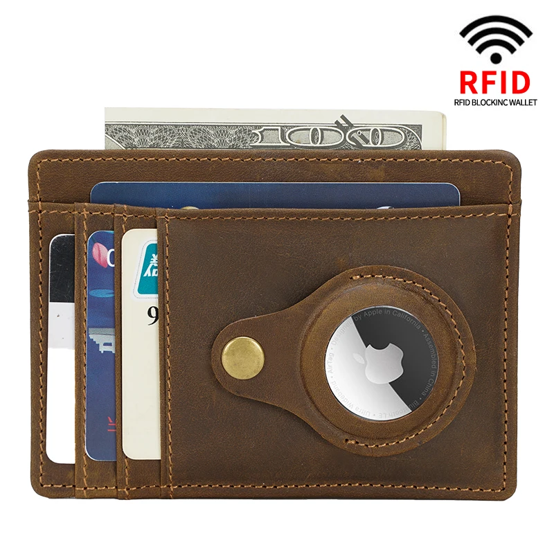 Новое поступление OEM RFID Блокировка TIDING тонкий передний карман Airtag кошелек держатель Crazy Horse натуральная кожа зажим для денег
