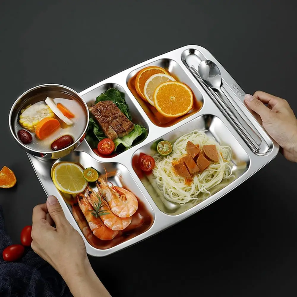 Portable stainless steel food tray metal 5 compartment divide dinner plate food serving tray for catering