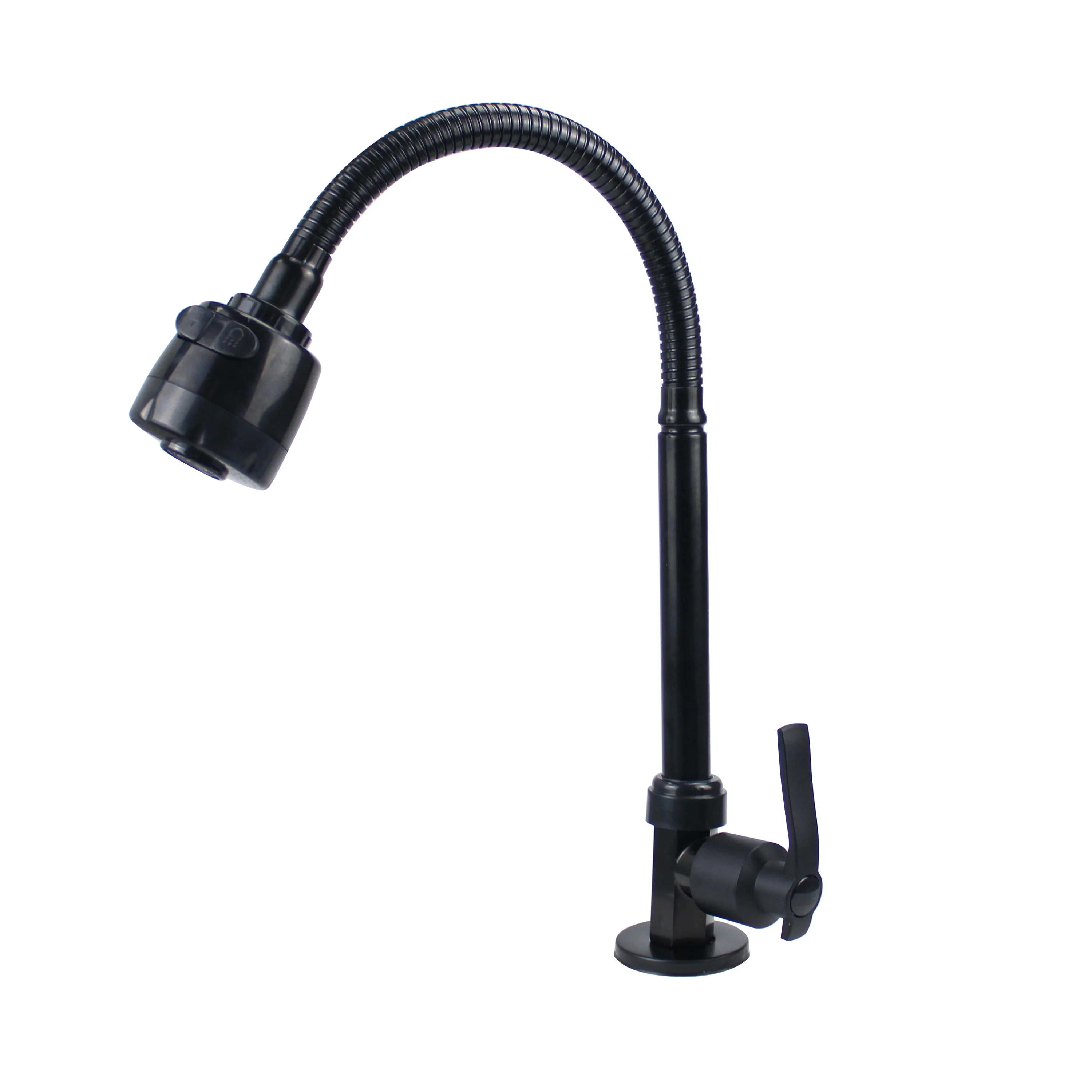 Black Deck Mounted Cold Water Kitchen Faucet Zinc Alloy Faucet Flexible Spout Hose ABS Plastic Shower Head for Kitchen Sink