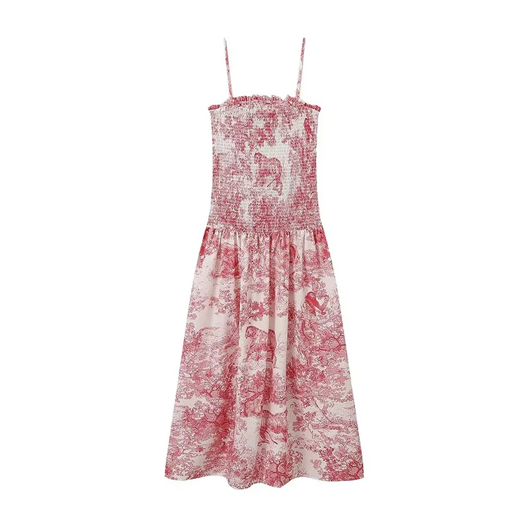 Unique Italian Style Pleated Slim Fit Dress Casual Fashion Red and White Floral Printed Summer Slip Dress for Ladies