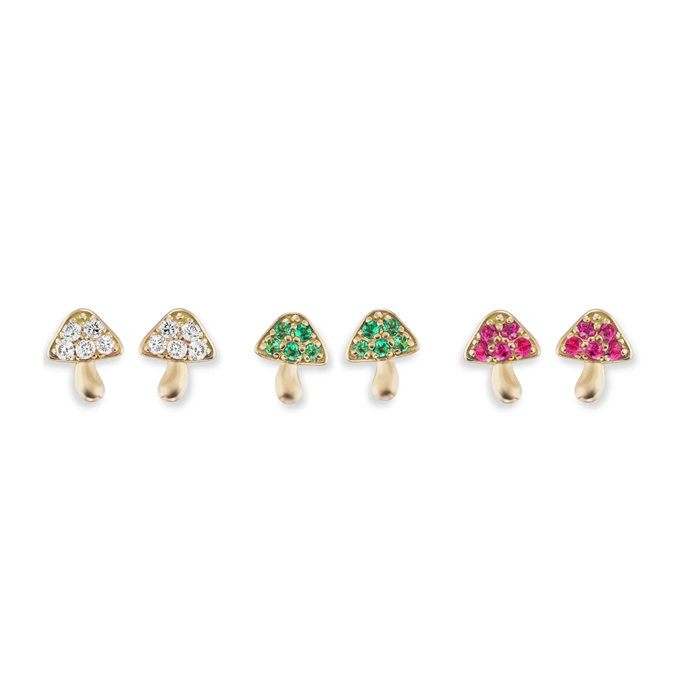 925 Sterling Silver Women Jewelry Gold Plated Emerald Ruby Zircon Mushroom Stud Earring For Women Jewellery
