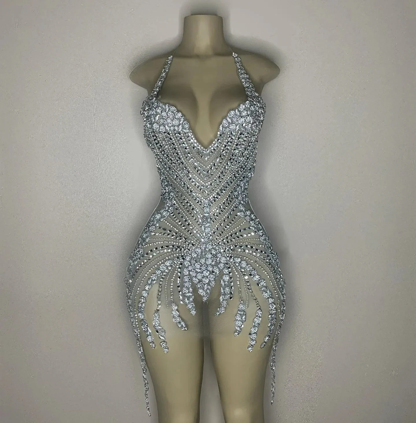 Ocstrade Diamond Sexy Women Birthday Club Dresses Deep V Neck See Through Mesh Rhinestone Dress Luxury Beaded Tassel Party Dress