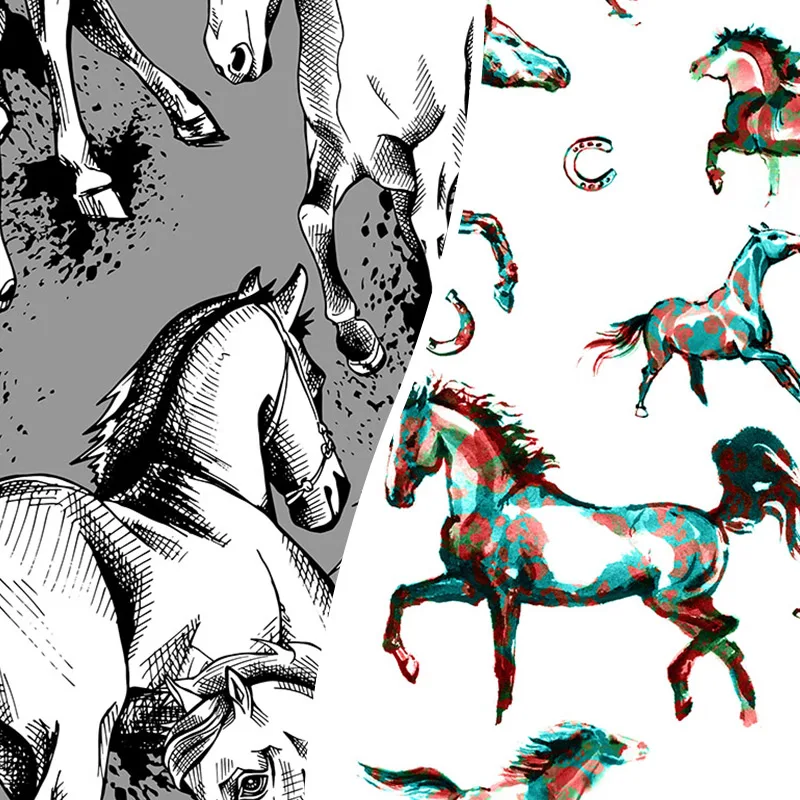 wholesale woven Lovely horse pattern digital printed fabrics (13 patterns) for garment, bags, ect