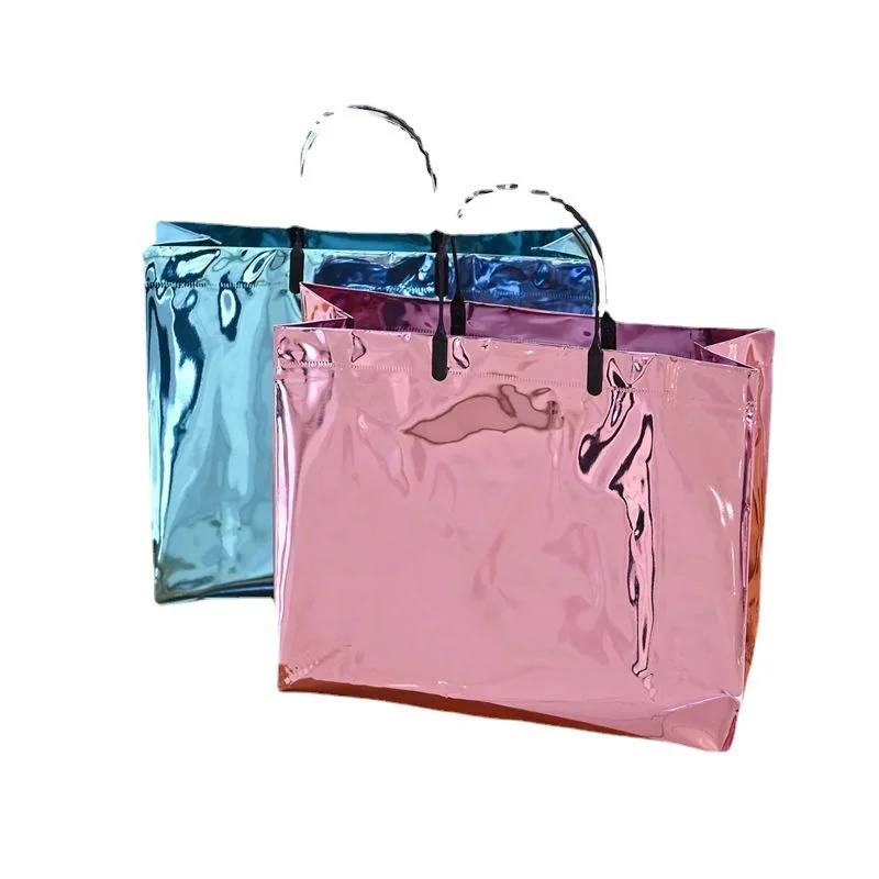 Resealable Pink rainbow Gift Packaging Clear Plastic Waterproof Shopping Handbag Bag Pvc Carry Holographic tote bag with Handle