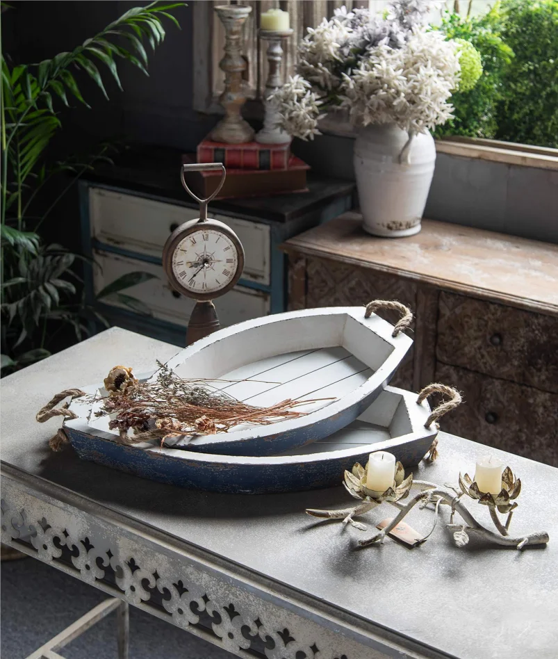 Set of 2 Rustic Style Nesting Wooden Boat Breakfast Platters Serving Trays With Belt Rope Handle