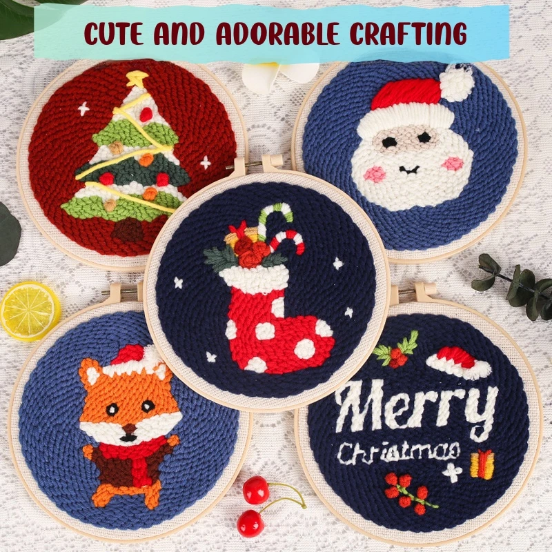 DIY Christmas Punch Needle Embroidery Starter Kit Punch Needle Kits Threader Fabric Embroidery Hoop Yarn Rug