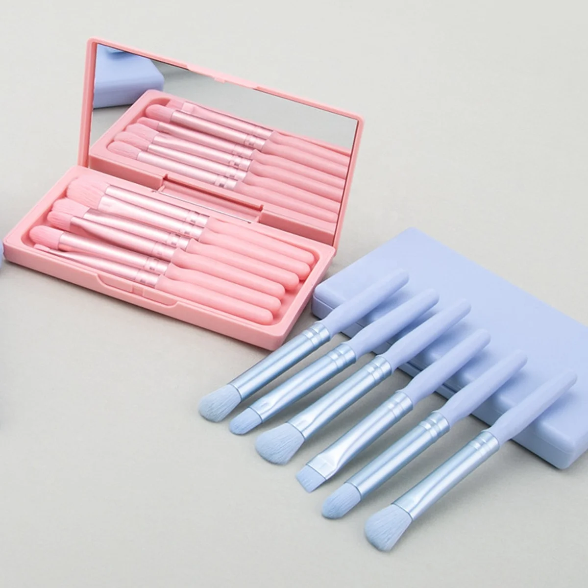 6 Pieces Eyeshadow Concealer Liner Lip Blue Wood Eye Brow Cute Designer Vegan Wholesale Pink Brushes For Make Up With Mirror Box