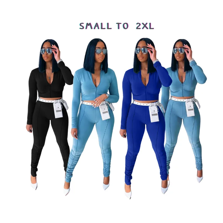 Tracksuit Women Long Sleeve Two Piece Pant Suit Zipper Stack Pant 2 Piece Pants Set