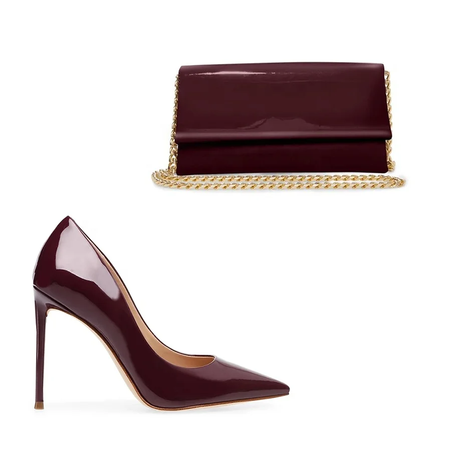 Classic brown style high heels patent leather high quality pumps shoes ladies dress shoes matching women bags