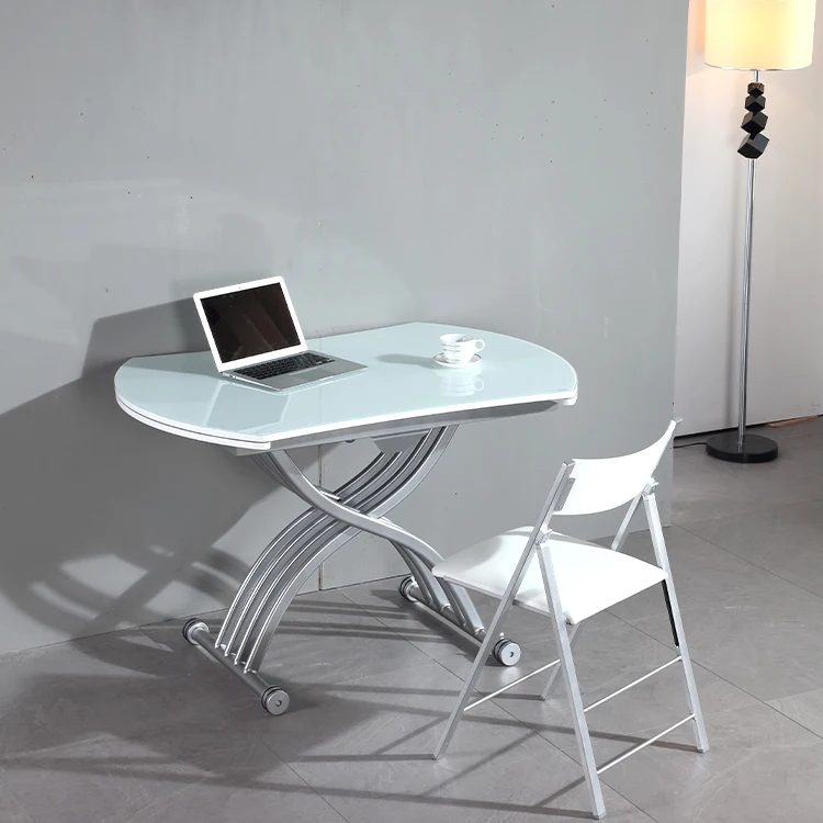 Modern Home Furniture Rotate Expand Lift Glass Top White Dining Table For Living Room