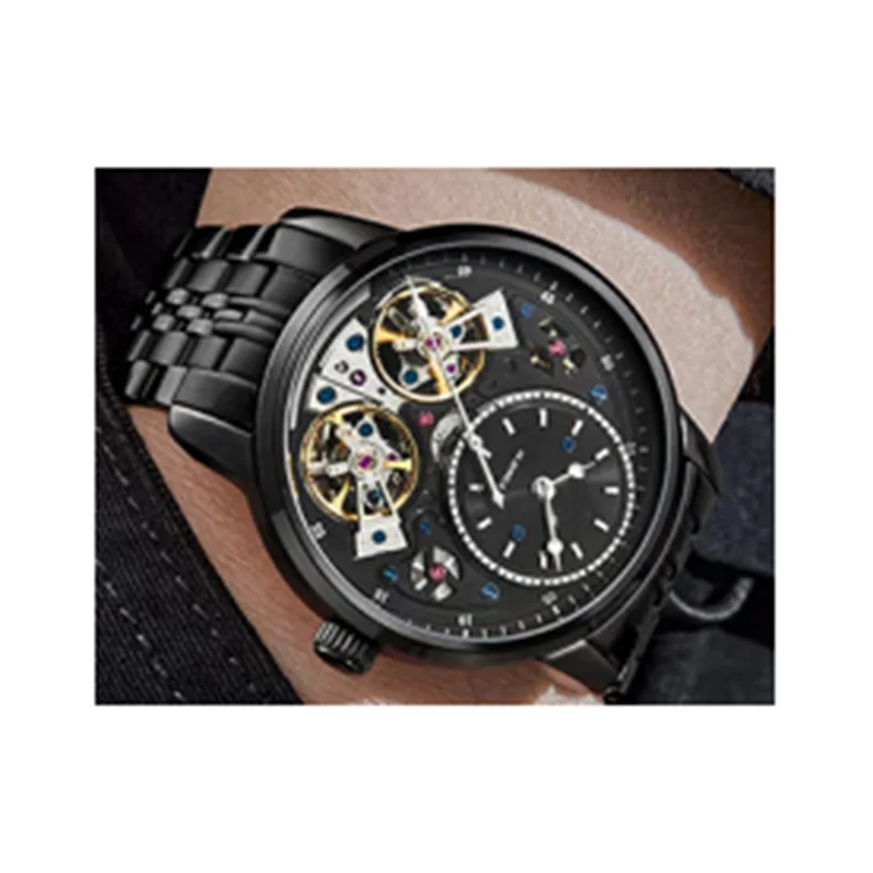 Пользовательские корпус из нержавеющей стали два скелета маховик водонепроницаемые мужские Бизнес Кварцевые часы