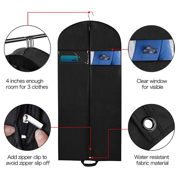 
Breathable custom non-woven clear window zippered pockets travel suit foldable garment bag for travel 