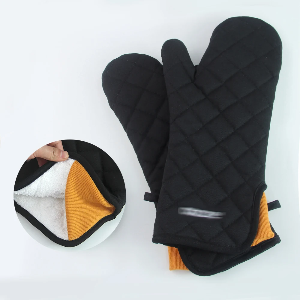 Wholesale customized Extra Long Professional Classic black Oven Mitt cotton Heat Resistant Kitchen Oven Gloves