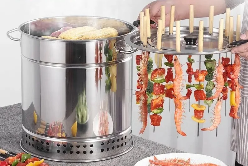 Household Kitchen Small Stick Positions Hanging Charcoal Stove Braised Round Barbecue Barrel Smokeless 10 strings Bbq Grill