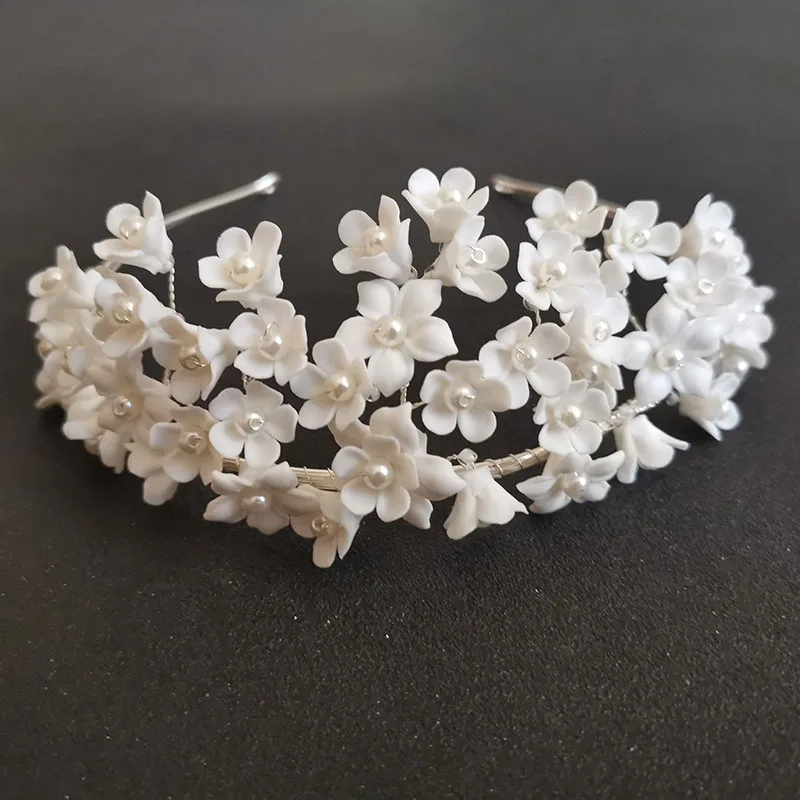 SLBRIDAL класса люкс ручной работы, со стразами, с украшением в виде кристаллов имитация жемчуга церам цветок Свадебная Тиара повязка на голову свадебная корона для женщин украшения для волос