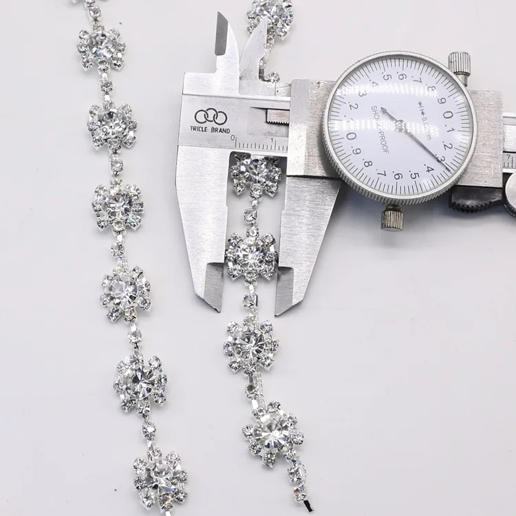 JFRC026 Flower Rhinestone Chain Trim Wholesale Clear Crystal Rhinestone Custom Chain Applique