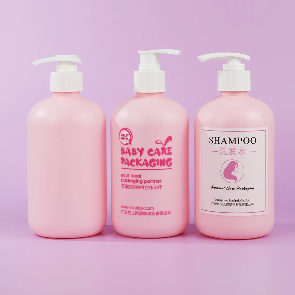 Idealpak Supplier Custom 500ml PE Pink Boston Round Plastic Bottle Wholesale Shampoo Lotion Plastic Bottles In Bulk