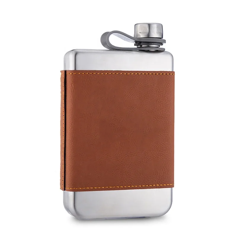 8oz Custom Leather Square Hip Flask BPA Free Stainless Steel Classic Matte Black Whiskey Vodka liquor Alcohol Bottle Gift Set