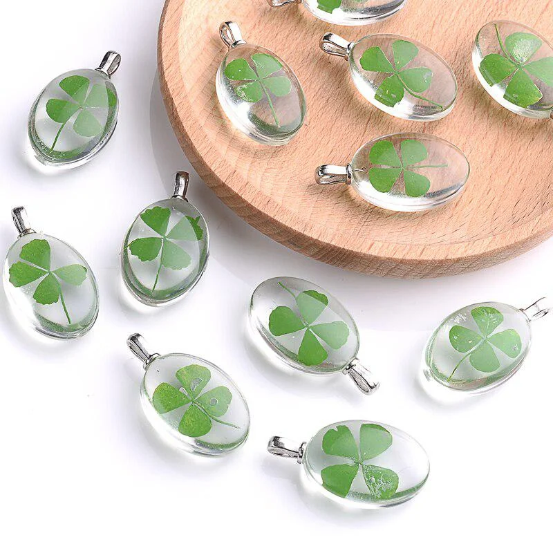 Handmade Pressed Natural Four Leaf Clover Dried Flower Grass Oval Pendant DIY Earrings Necklace Jewelry Making Findings