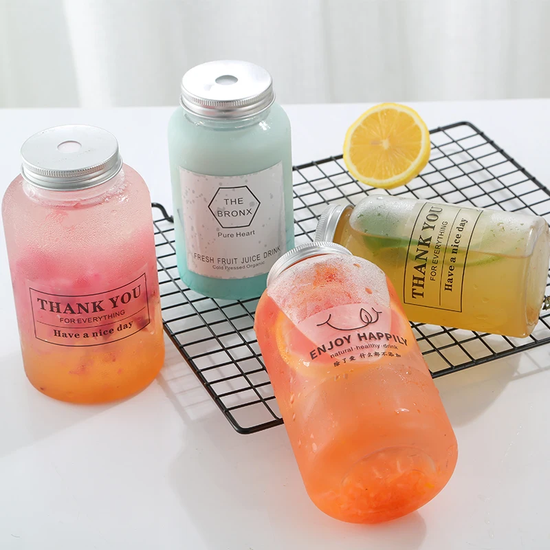 Empty PET Plastic Juice Bottles Reusable Clear Disposable Containers with Metal Lids for Juice Milk Coffee and Other Beverages